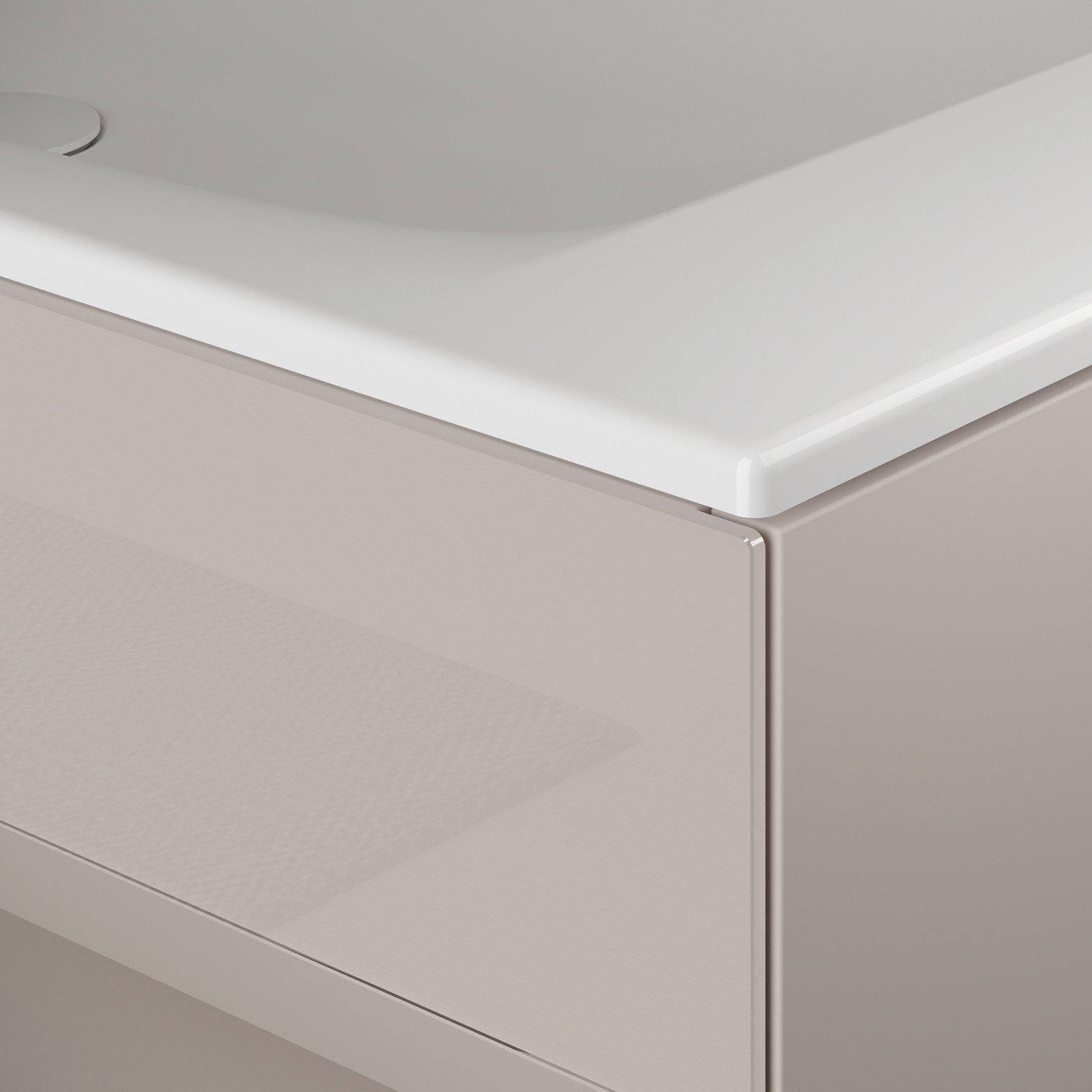 Detailaufnahme des Stageline Waschtischs auf dem Waschtischunterbau in Cashmere