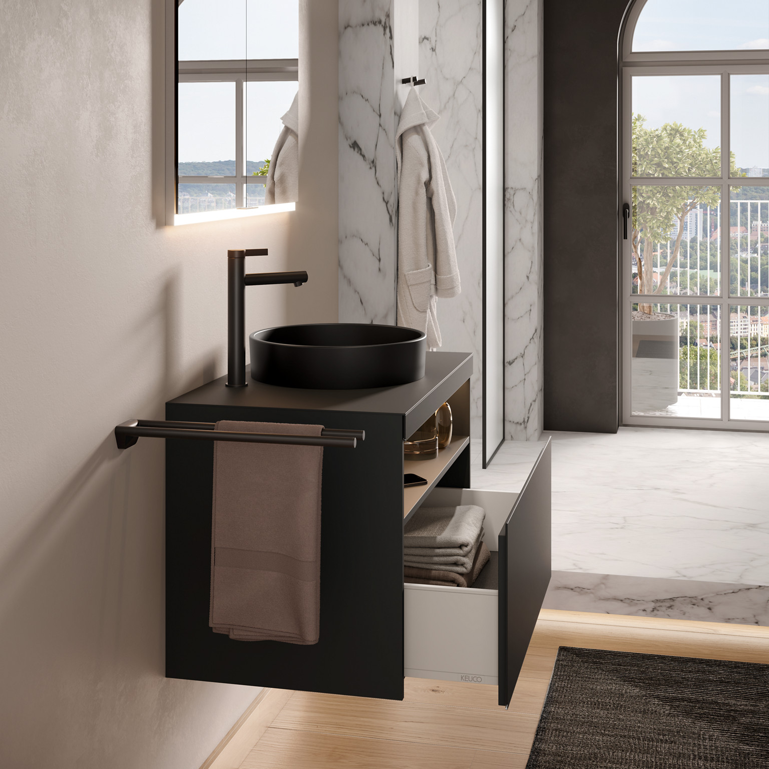 Stageline Waschtischunterbau Vulkanit, runder Waschtisch, IXMO Armatur, Reva Accessoires, schwarz, und Royal Modular Einbau Spiegelschrank