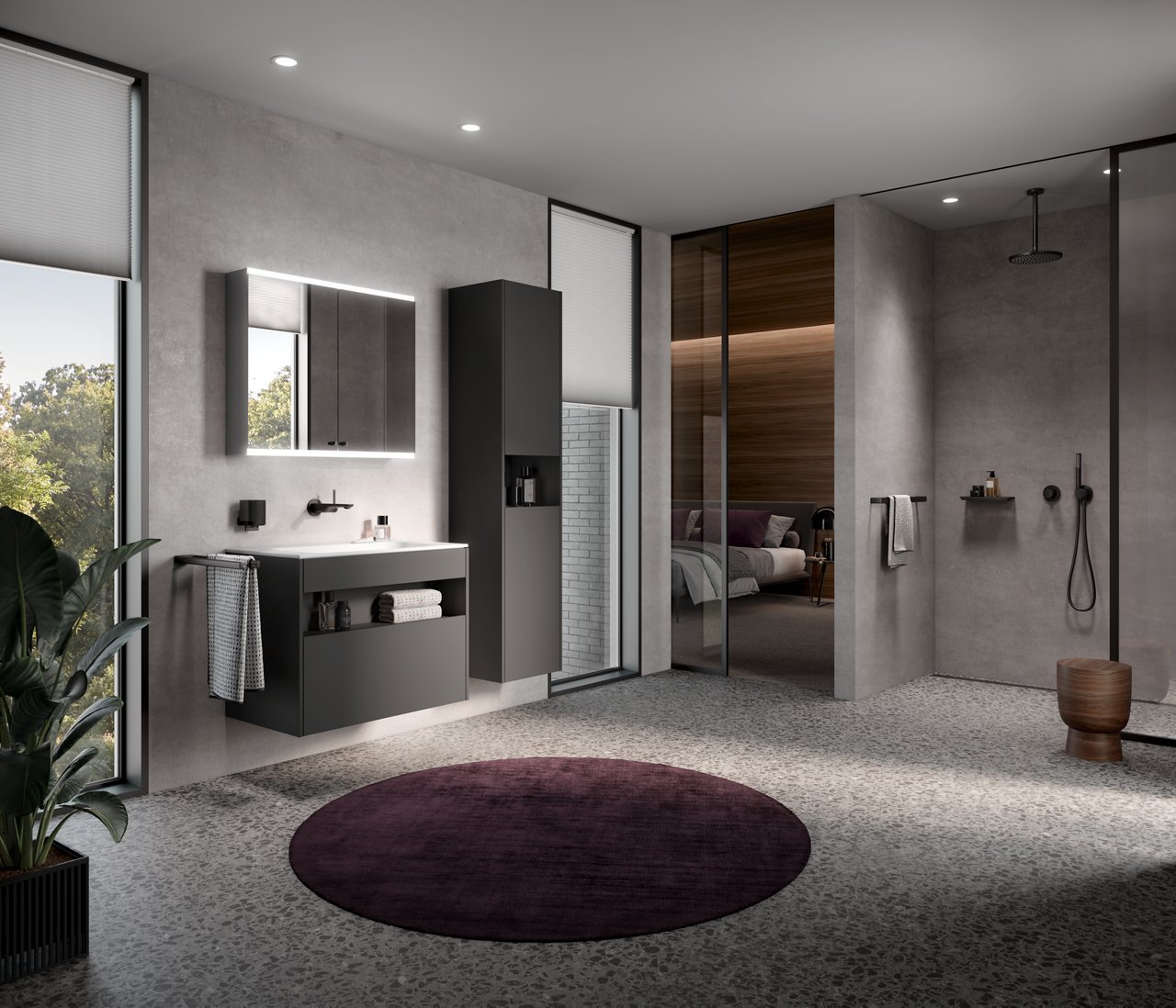 Edition Actis Badmöbel in Vulkanit mit schwarz matten Accessoires und Armaturen sowie Spiegelschrank