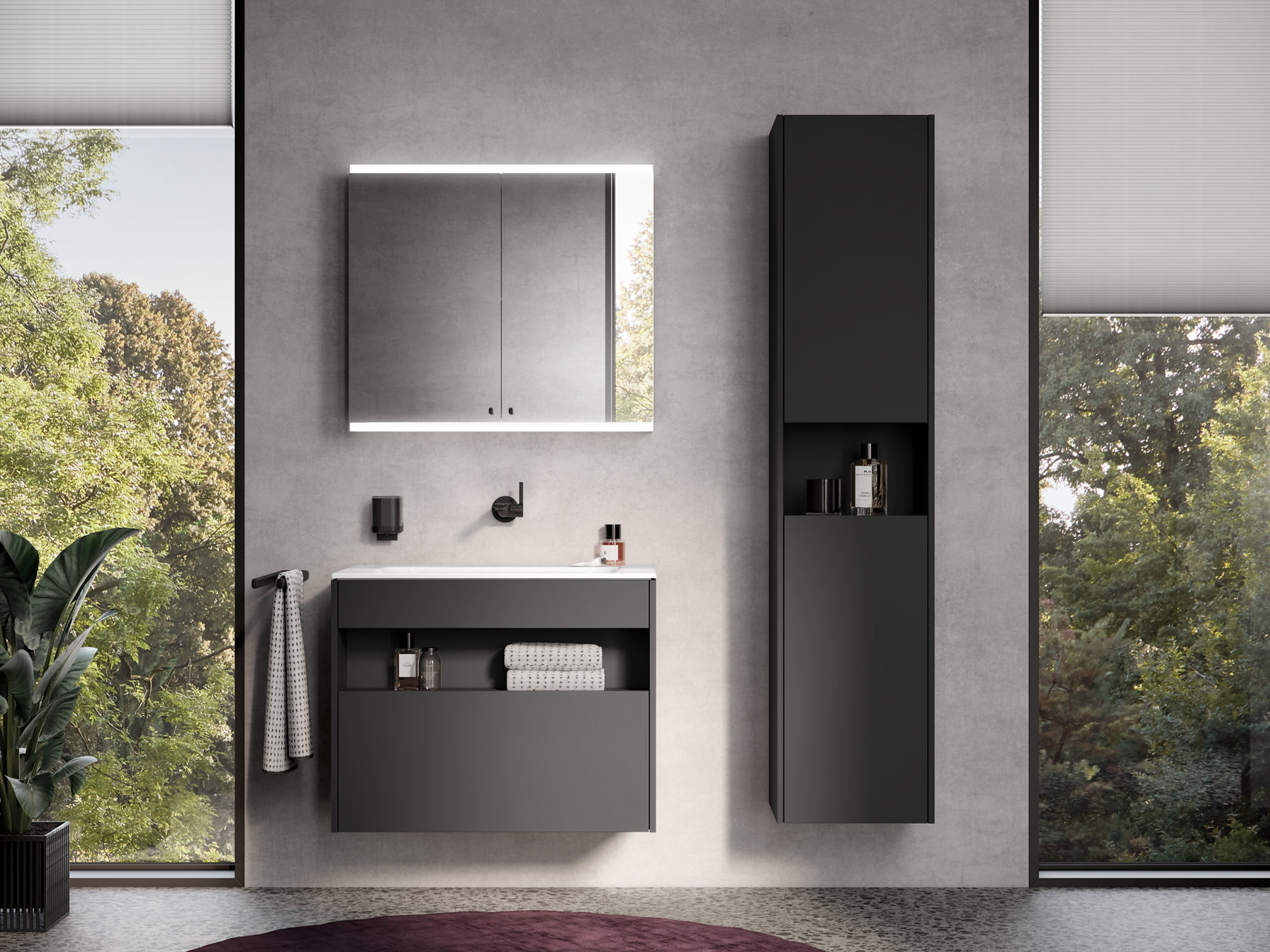 Edition Actis Badmöbel in Vulkanit und Accessoires und Waschtischmischer in Schwarz