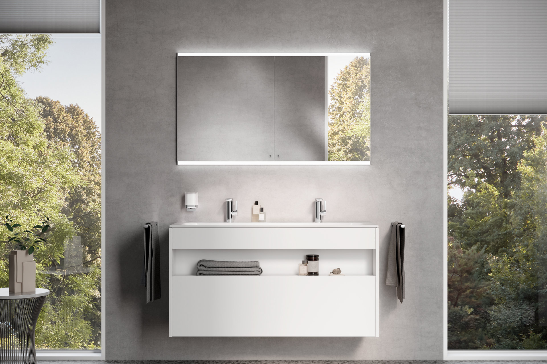 Edition ACTIS Badmöbel-Set 2x 1-Loch Bohrung in Weiß mit verchromter Handtuchhalter, Lotionspender, Einhebel-Waschtischmischer und zweitürige Spiegelschrank