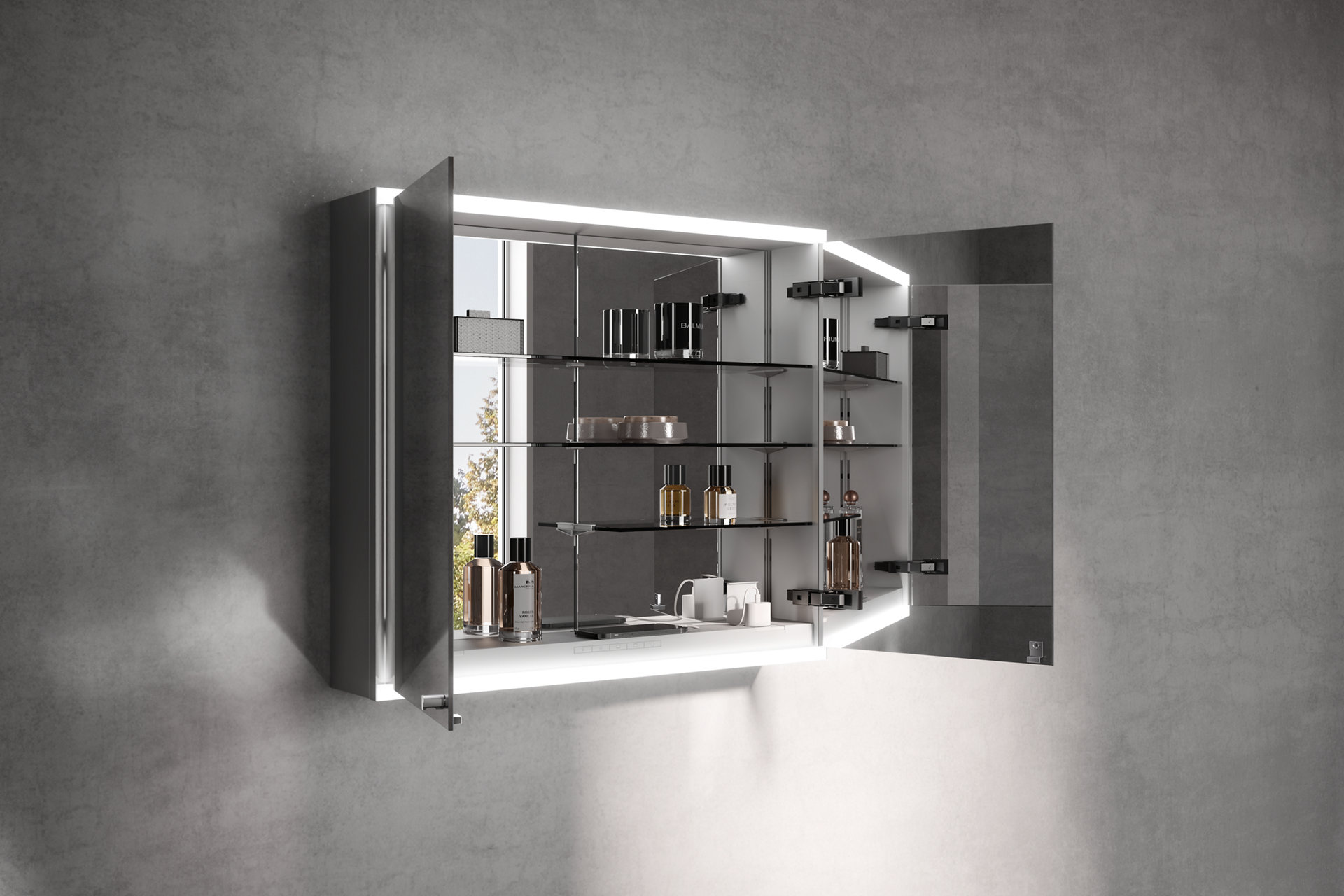 Blick auf die Innenausstattung des 2-türigen Spiegelschrank der Edition Actis 