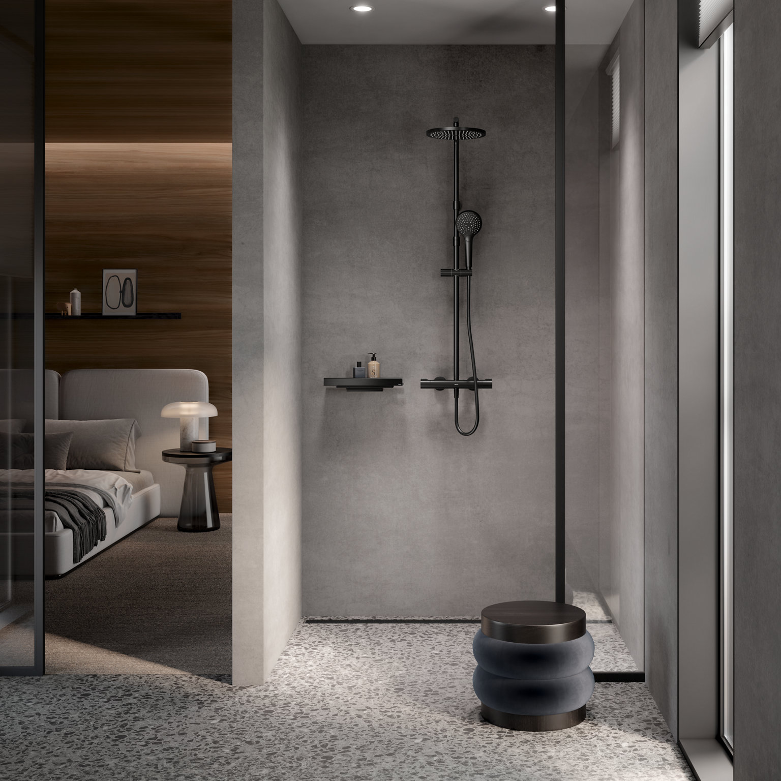 Dusche mit Plan blue Thermostat-Brausemischer und Duschablage in Schwarz