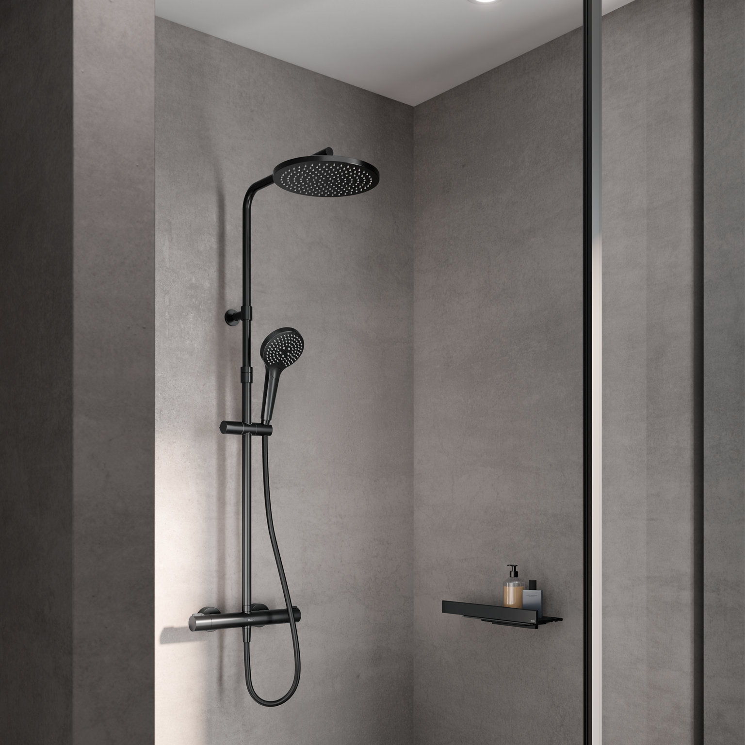 Dusche mit Plan blue Thermostat-Brausemischer und Duschablage in Schwarz