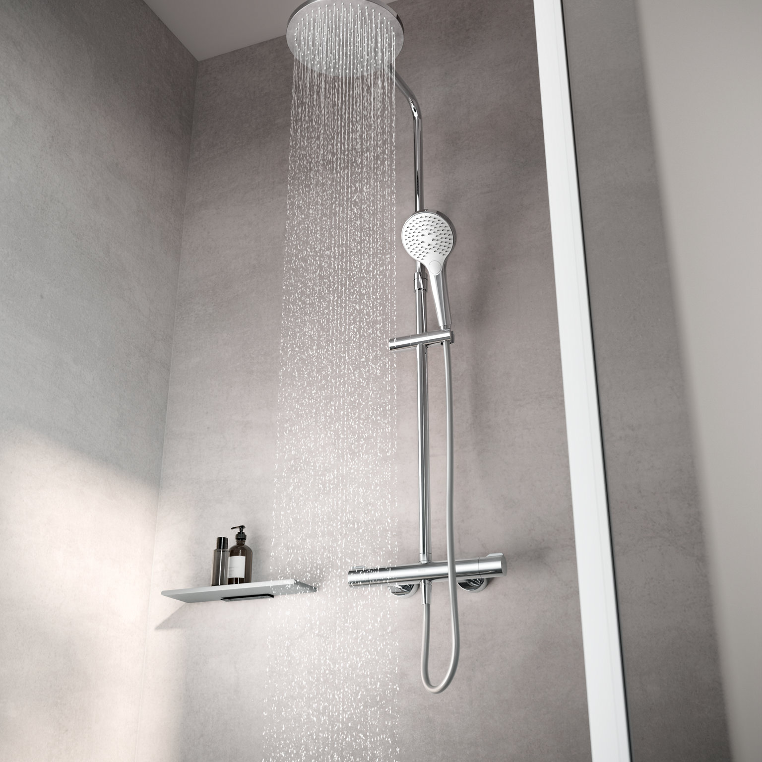 Dusche mit Plan blue Thermostat-Brausemischer und Duschablage