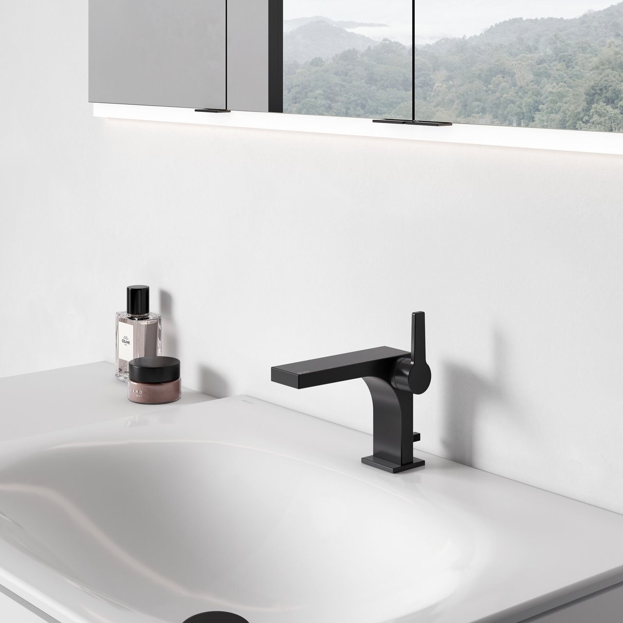 Edition 11 Einhebel-Waschtischmischer in Schwarz, Keramik-Waschtisch Edition 11 mit 1-Loch Bohrung, Spiegelschrank Royal Modular 2.0 beleuchtet 3-türig