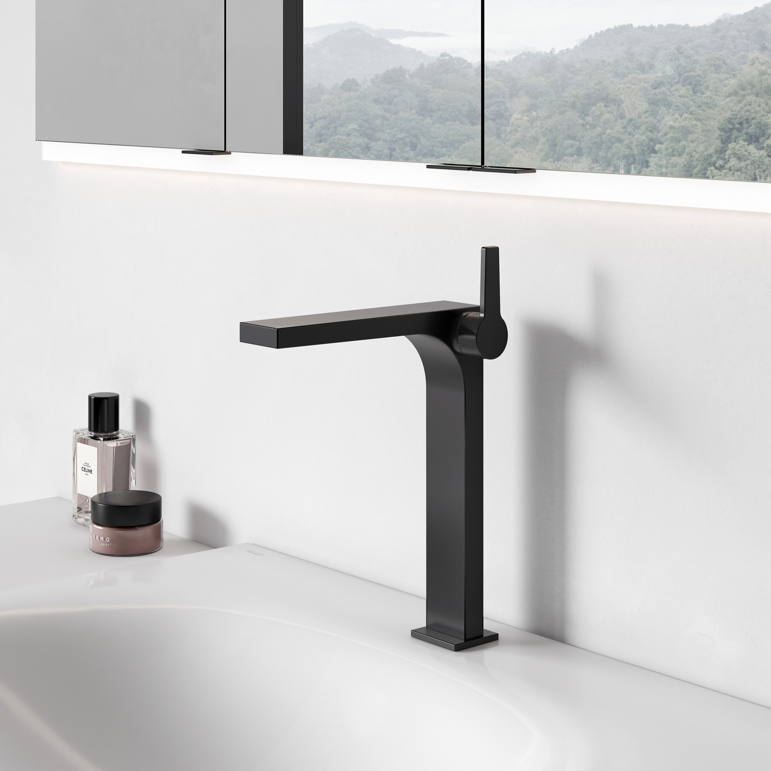 Edition 11 Einhebel-Waschtischmischer in Schwarz, Keramik-Waschtisch Edition 11 mit 1-Loch Bohrung, Spiegelschrank Royal Modular 2.0 beleuchtet 3-türig 