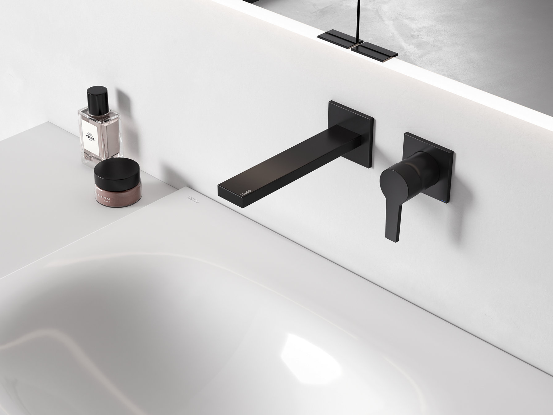 Edition 11 Einhebel-Waschtischmischer Unterputz in Schwarz, Keramik-Waschtisch mit 1-Loch Bohrung, Spiegelschrank Royal Modular 2.0 beleuchtet 3-türig 