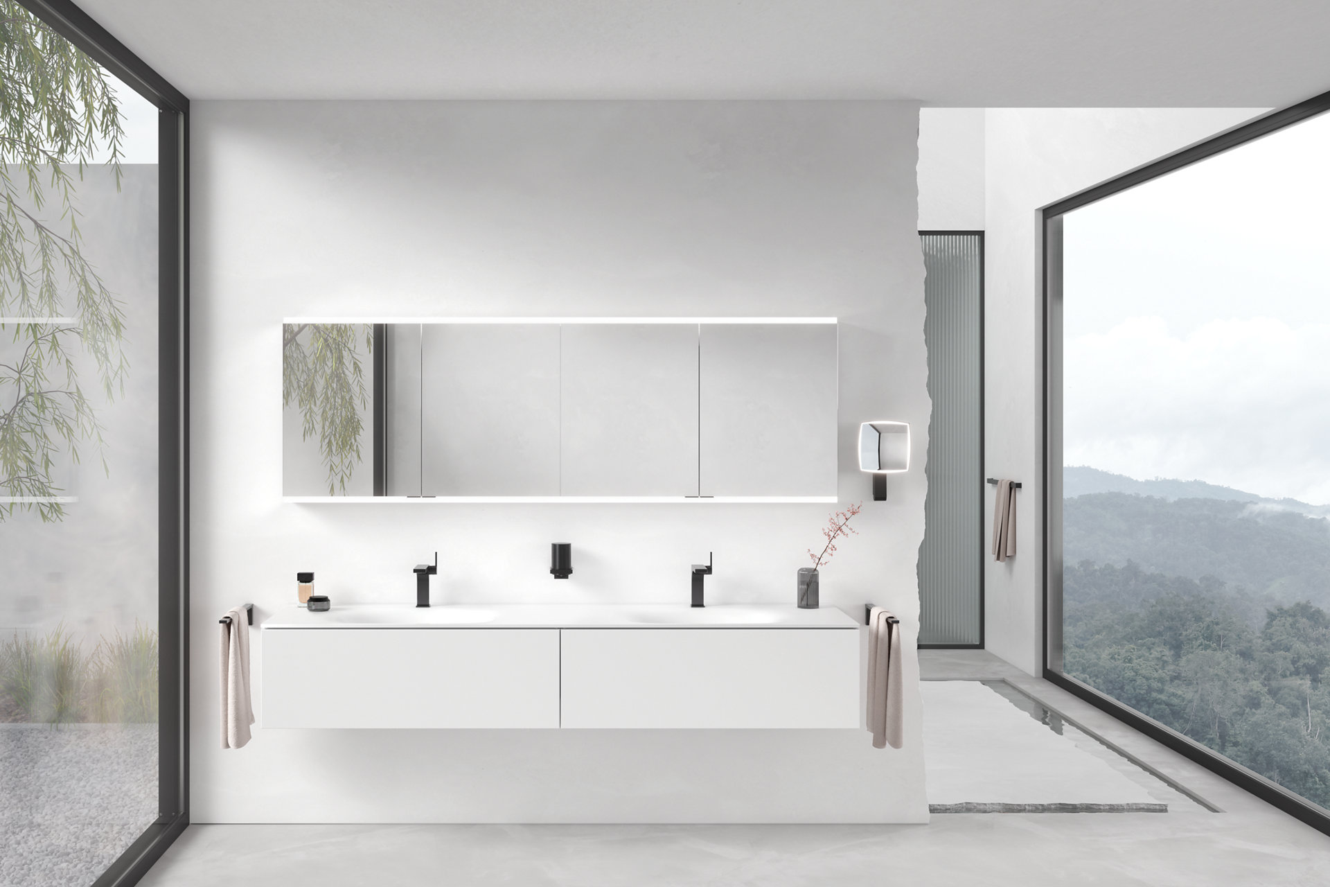 Royal Modular Einbau-Spiegelschränke über Edition 11 Planning Varicor Waschtisch und Unterschränken sowie Edition 11 Waschtischmischer in Schwarz