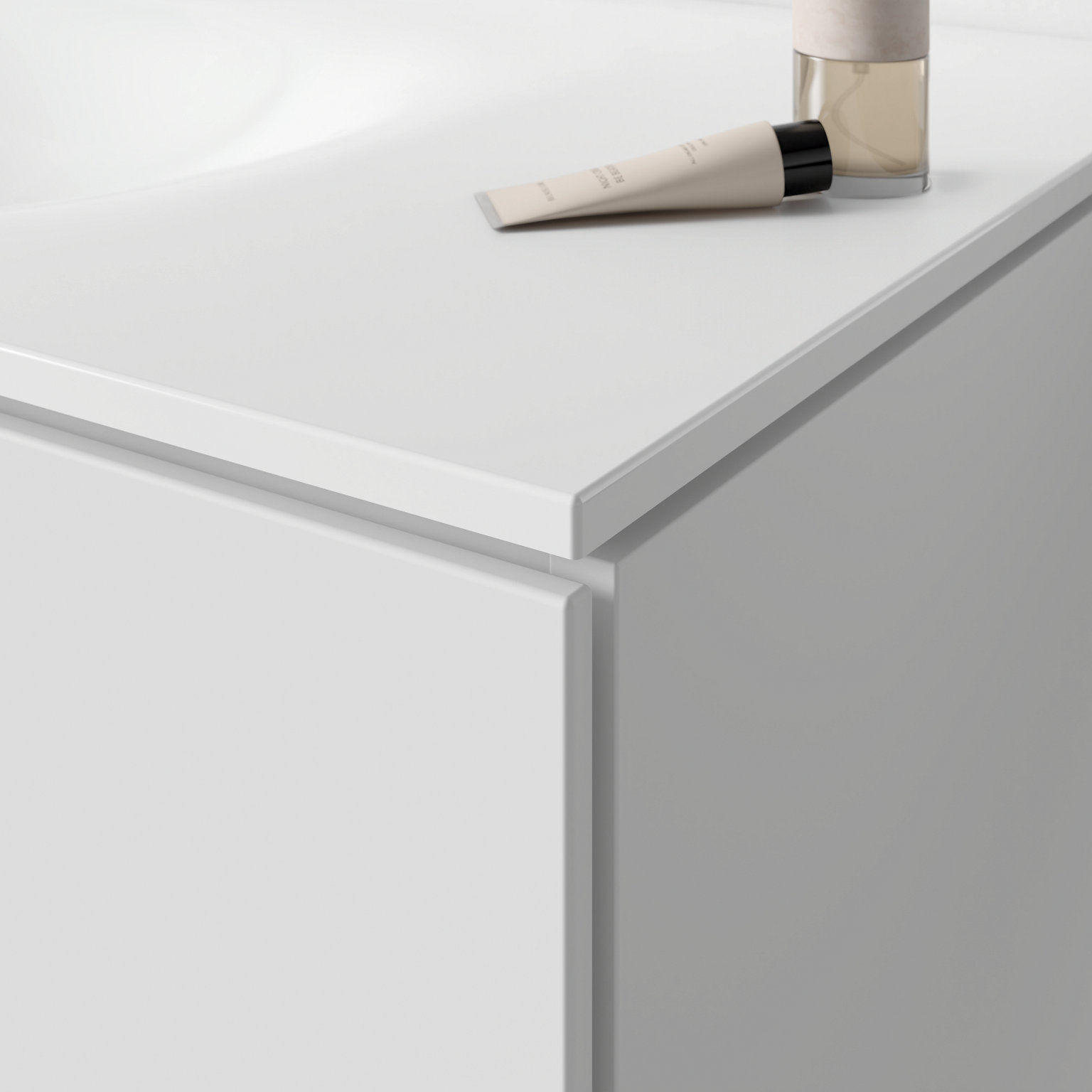 Detailaufnahme des Edition 11 Planning Waschtischunterbaus in Weiß mit Varicor Waschtisch