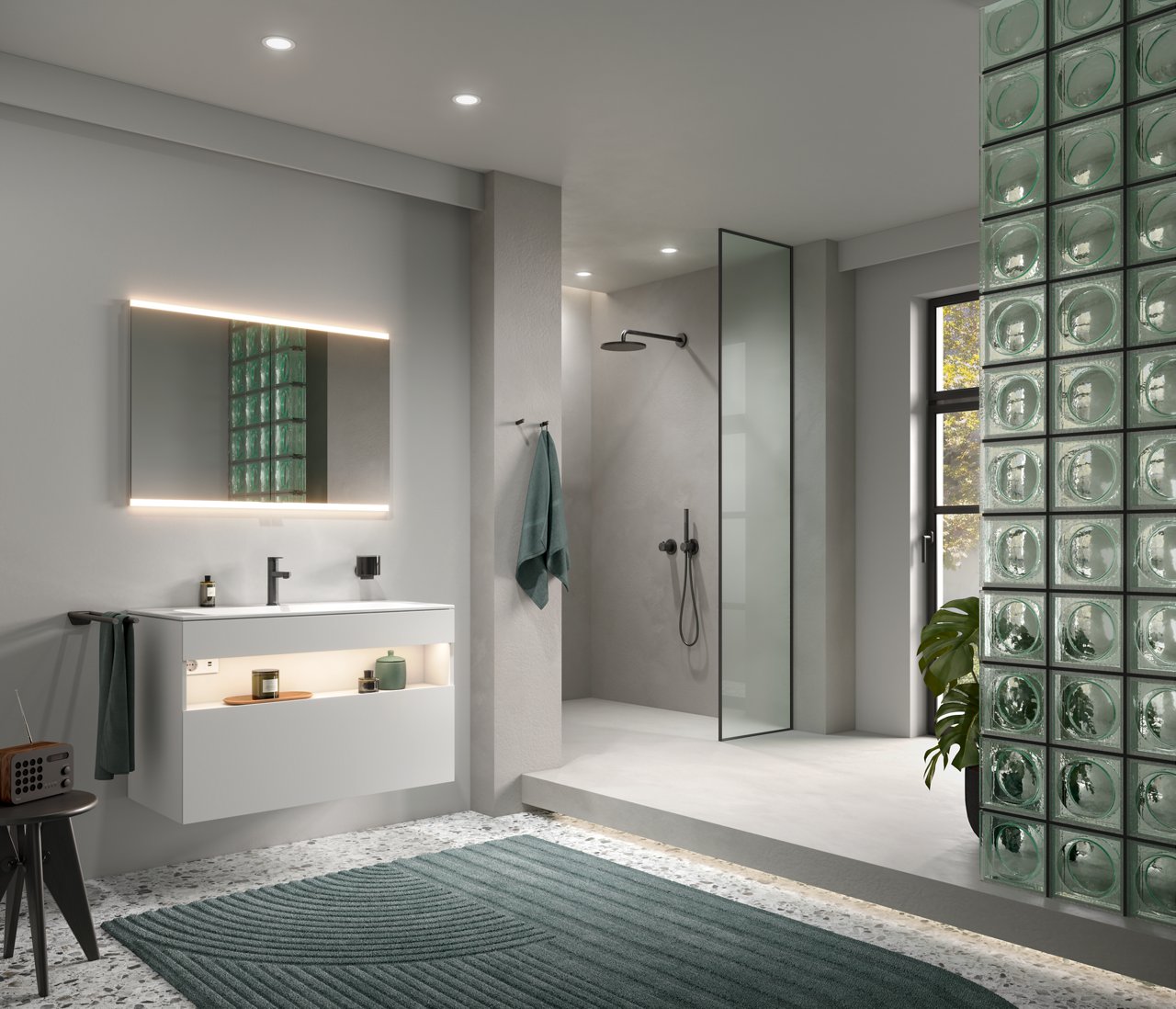 Royal Modular 2.0 Spiegelschrank, Stageline Waschtischunterbau, sowie Duschbereich mit IXMO Armatur und Reva Accessoires in Titanschwarz gebürstet