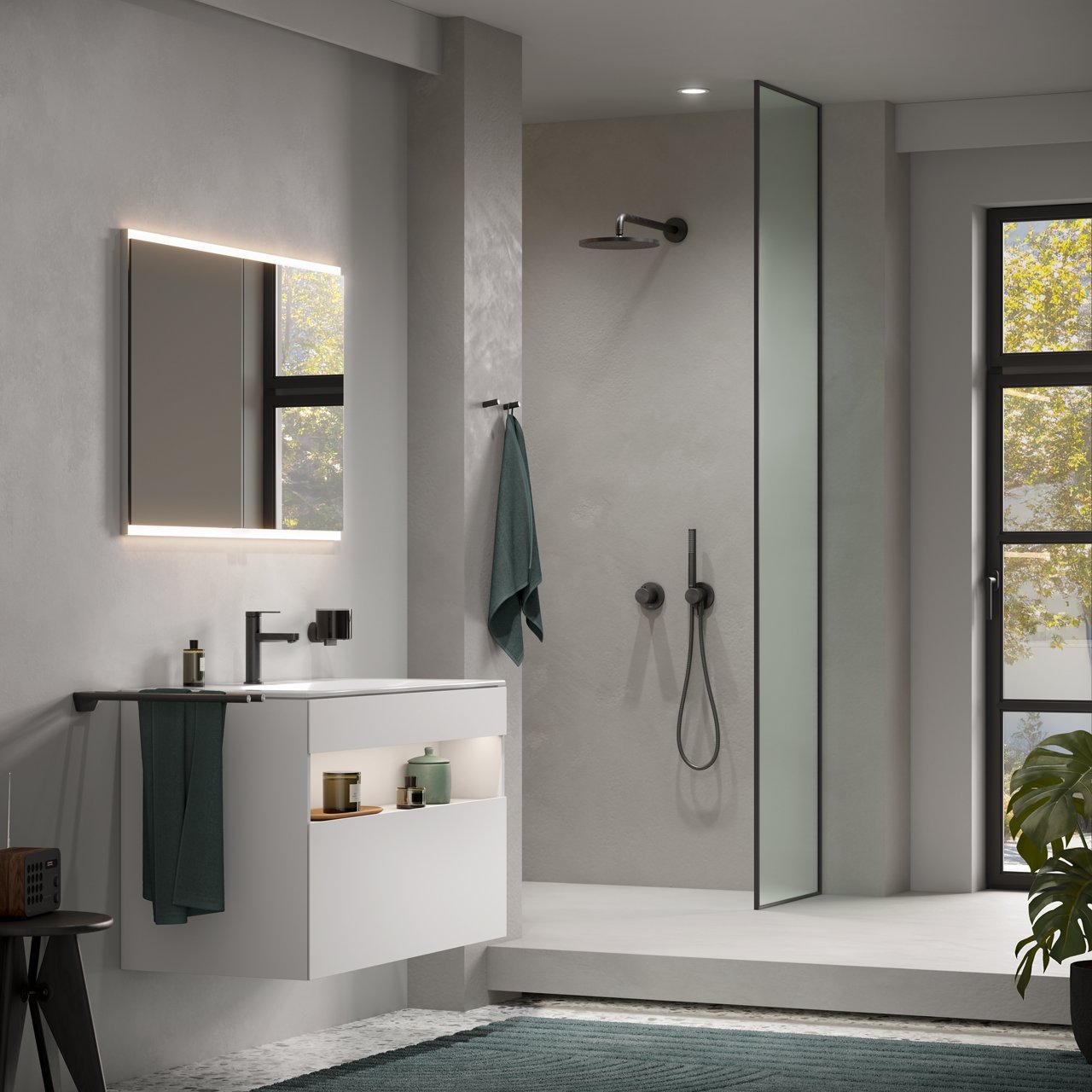 Royal Modular 2.0 Spiegelschrank, Stageline Waschtischunterbau sowie Duschbereich mit IXMO Armaturen und Reva Accessoires in Titanschwarz gebürstet