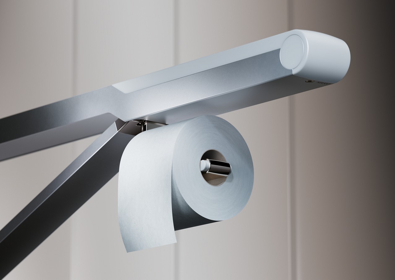 Toilettenpapierhalter mit Papierrolle am Axess Stützklappgriff mit weißer Kunststoffauflagefläche