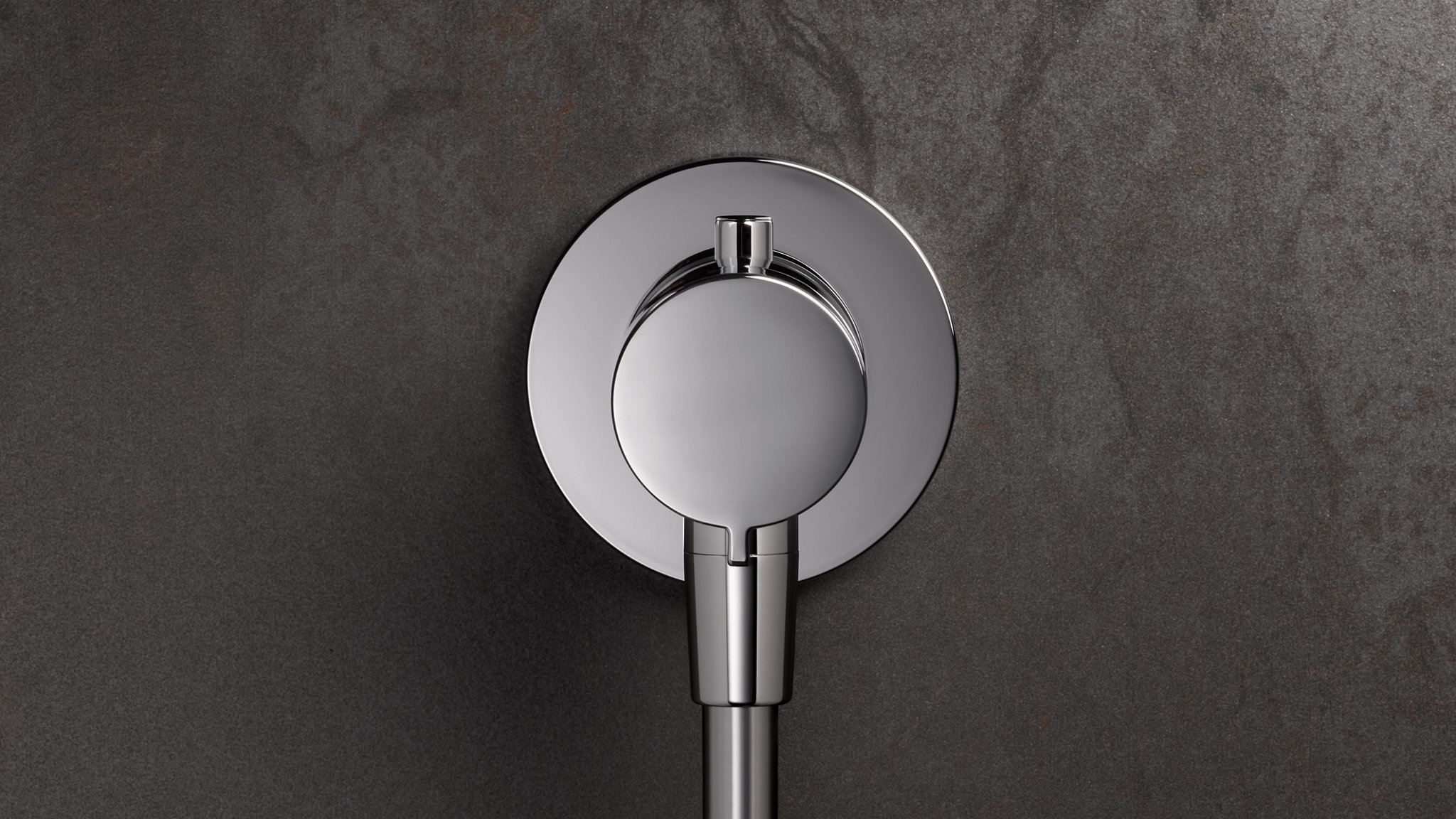 Frontansicht des IXMO Thermostat-Brausemischers, Unterputz, mit Schlauchanschluss und runder Rosette