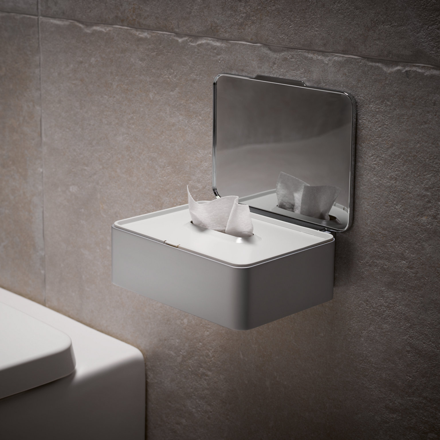 Feuchtpapierbox und Doppel-Toilettenpapierhalter der Collection Plan verchromt