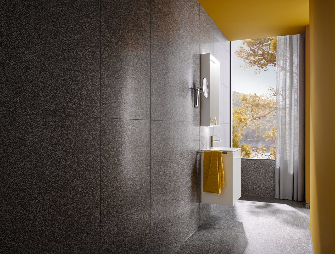 Kit lavabo invité X-LINE, miroir grossissant, accessoires PLAN et mitigeur PLAN BLUE