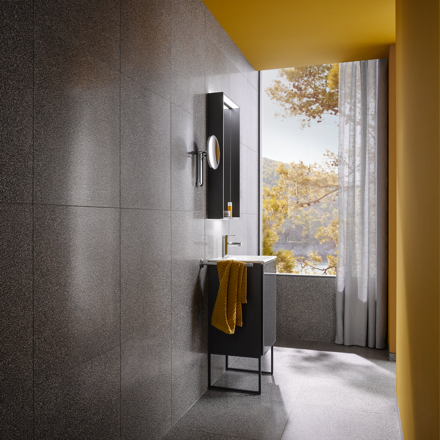 X-Line Lichtspiegel über Gäste-WC-Waschtisch, Unterschrank mit Bodengestell und Plan blue Armatur