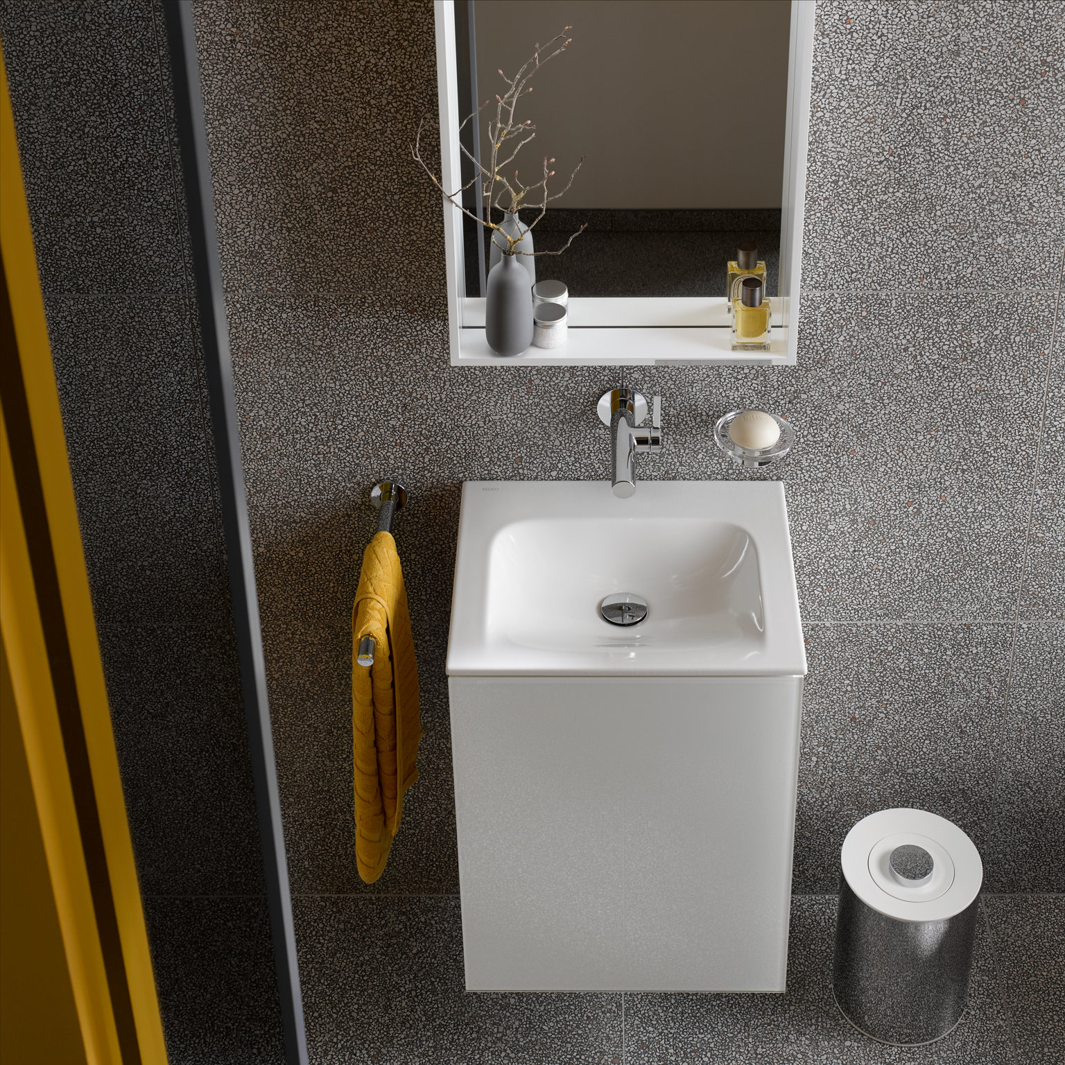 X-Line Gäste WC Waschtisch mit Unterbau und Lichtspiegel in Weiß, Plan Seifenhalter, Handtuchhalter  und Abfallbehälter