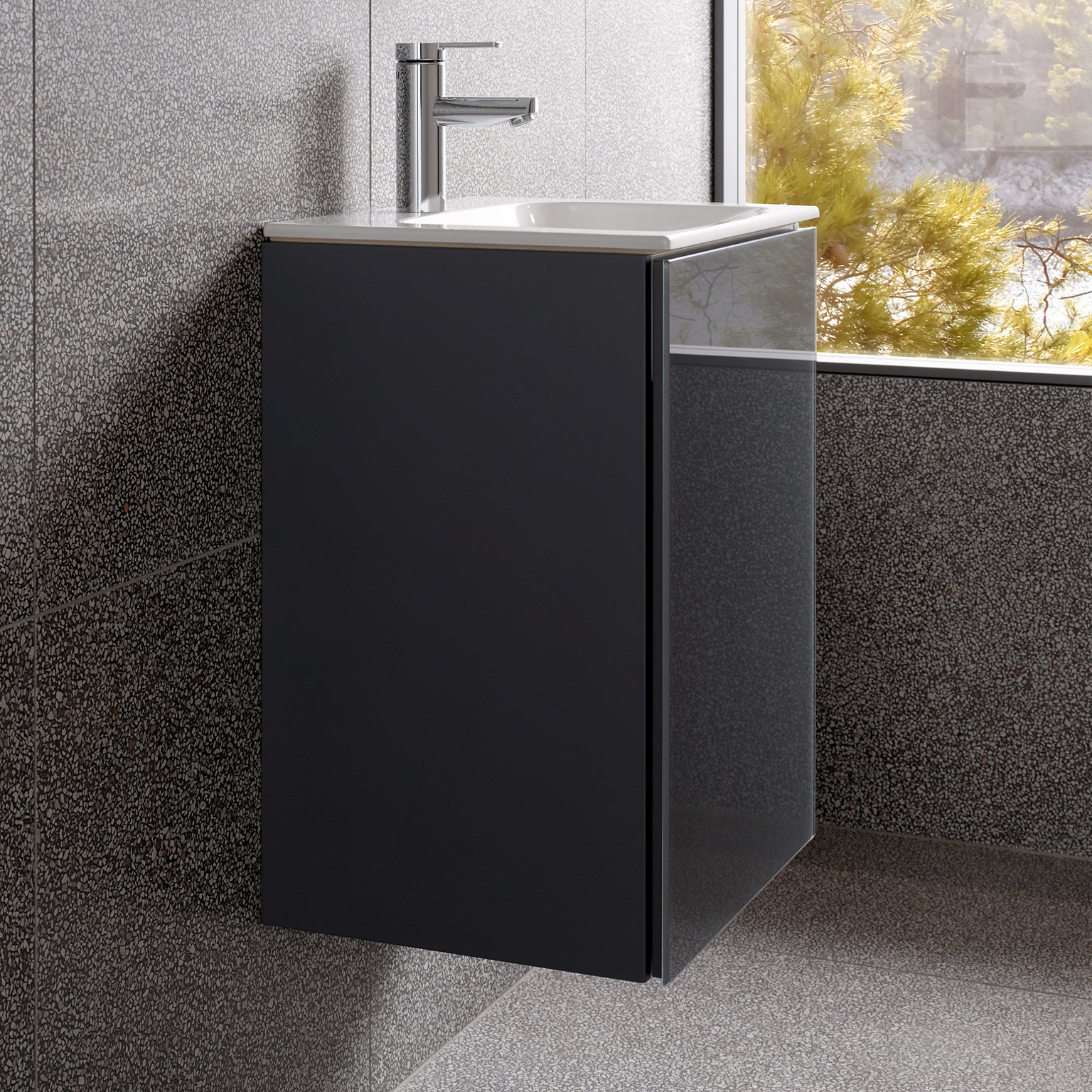 Gäste WC-Waschtisch mit Unterschrank in Anthrazit und Plan blue Waschtischmischer