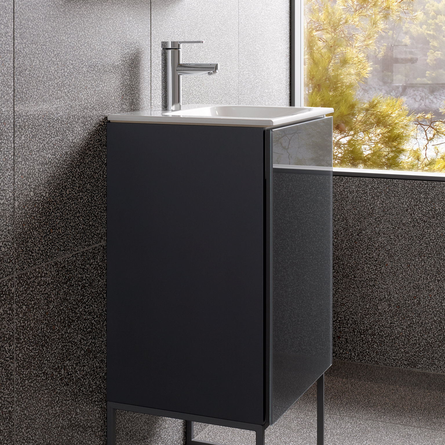 Gäste WC-Waschtisch mit Unterschrank in Anthrazit mit Bodengestell und Plan blue Waschtischmischer