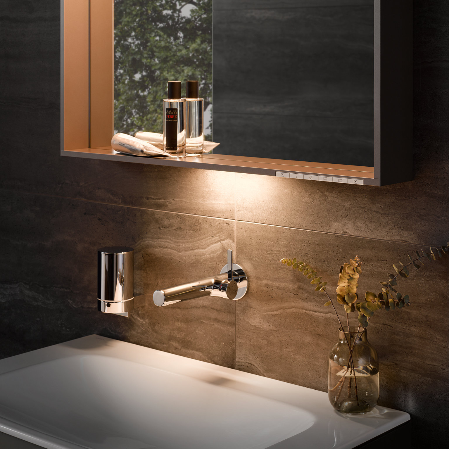 Illuminated X-Line light mirror in truffle, IXMO Pure concealed sink mixer and lotion dispenser from Collection Plan