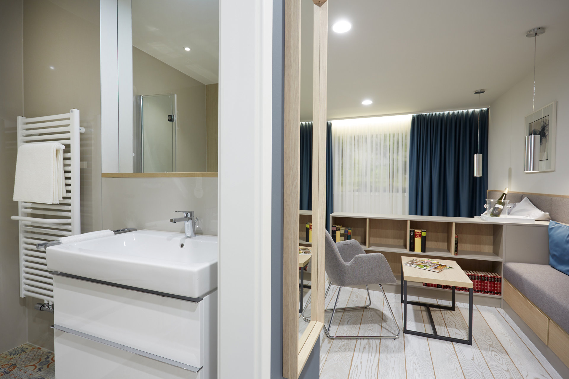 Bathroom and living area in the Apartment.Base