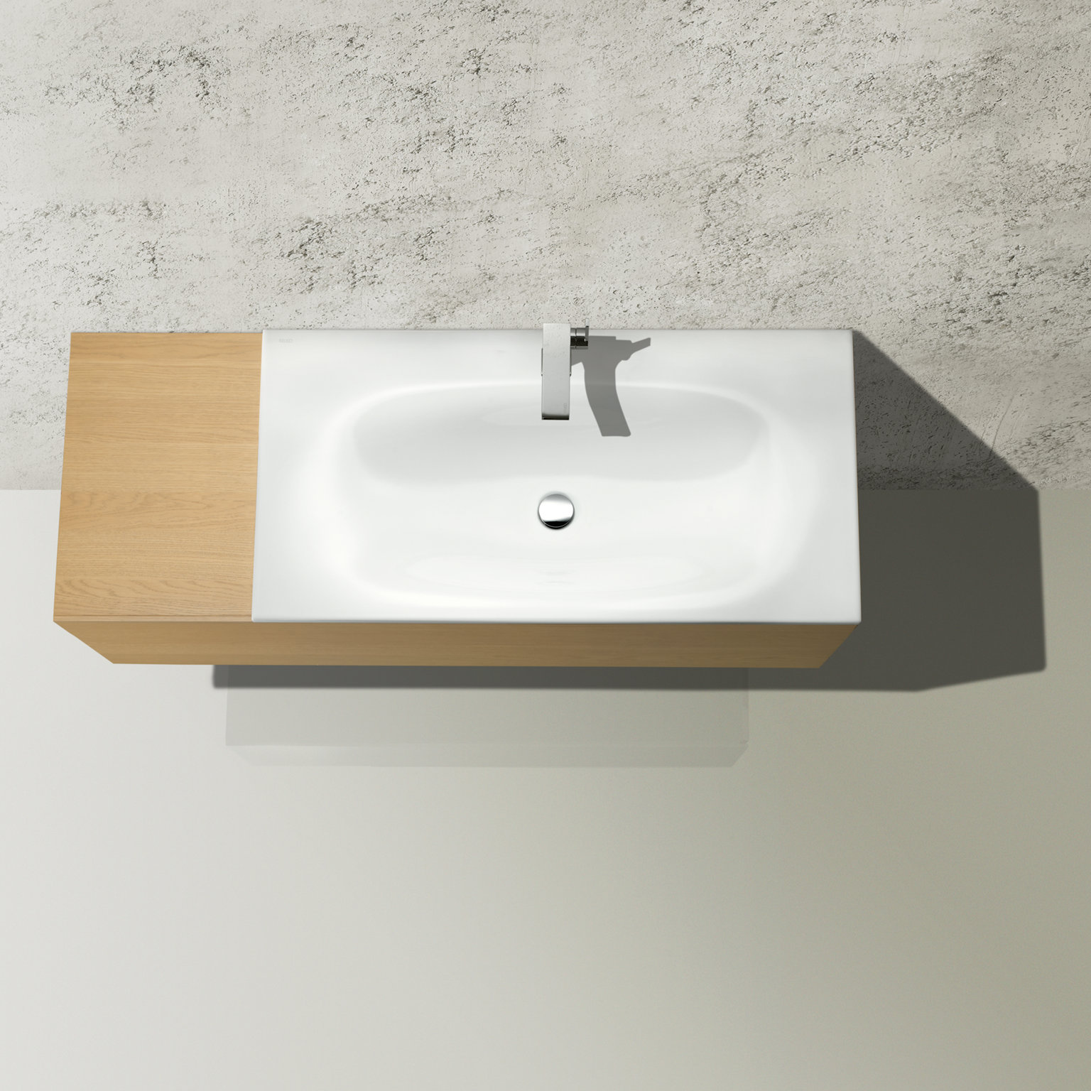 Waschtischunterbau in Eiche hell mit Waschtisch und Einhebel-Waschtischmischer verchromt der Edition 11 