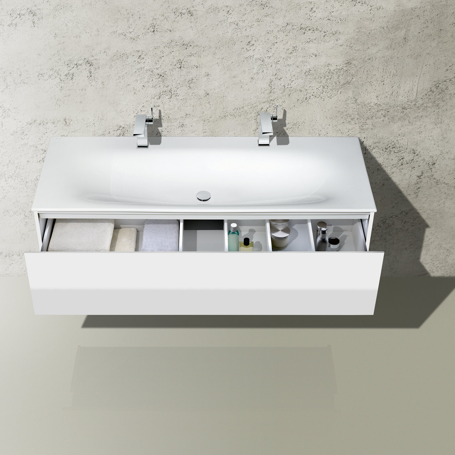 Waschtischunterbau in weiß mit Waschtisch und Einhebel-Waschtischmischer verchromt der Edition 11 